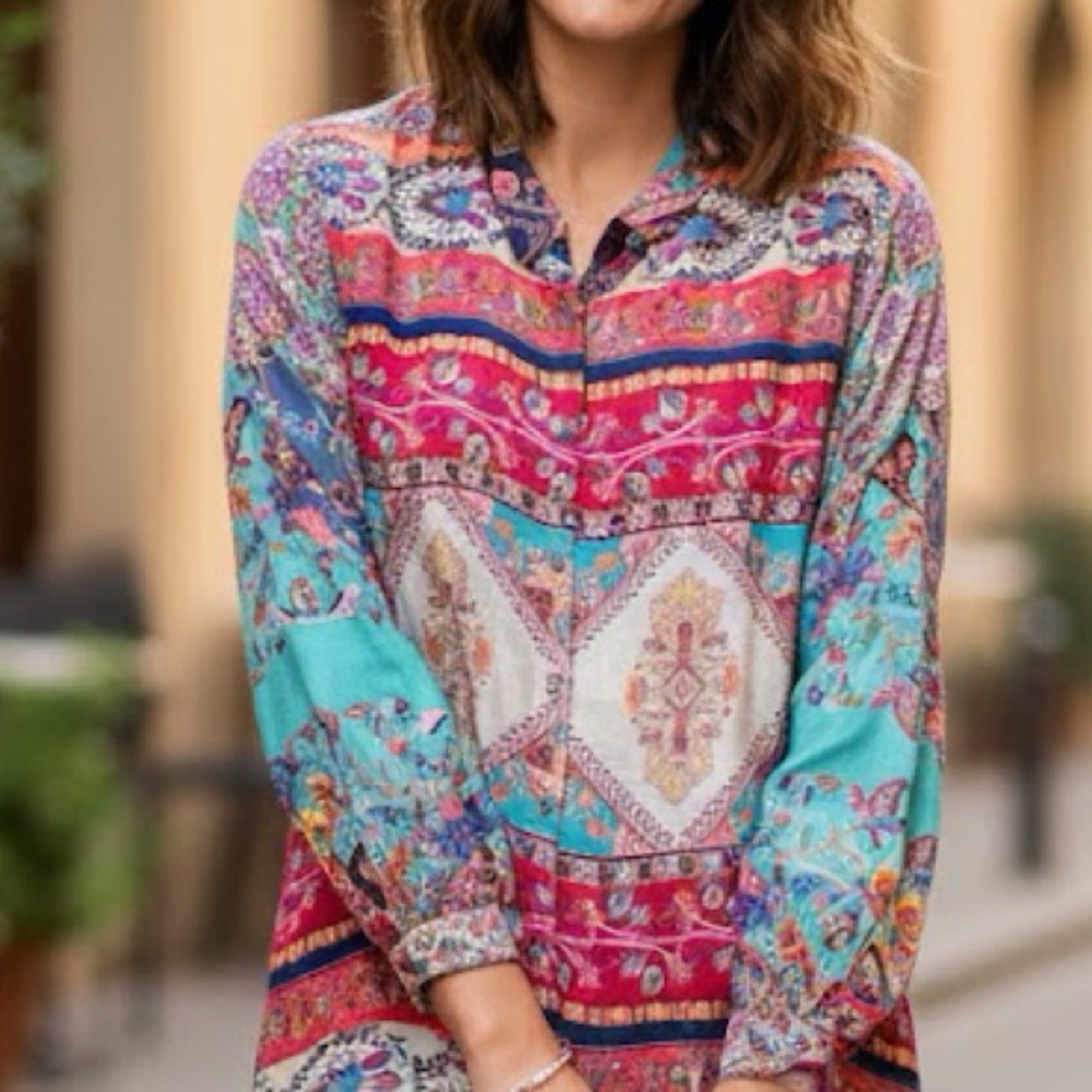 Johnny Was Meco Scarf Print Multicolor Bohemian Silk Tunic Size L EUC